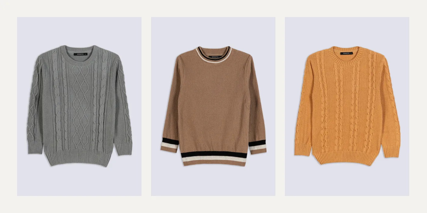 Essentia boys' winter sweaters 2026: Aran cable knit, varsity stripe and mustard cable knit