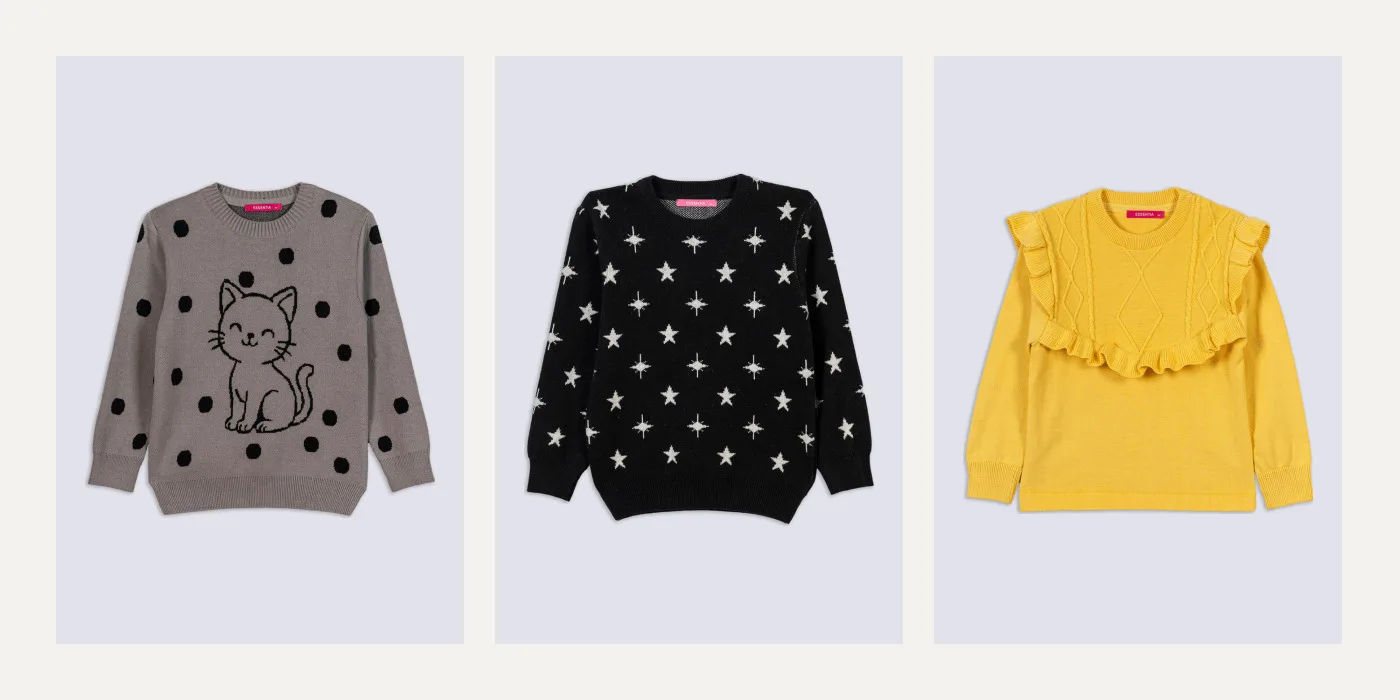 Essentia girls' winter sweaters 2026: smiley cat dotted, starlight jacquard and ruffle yoke